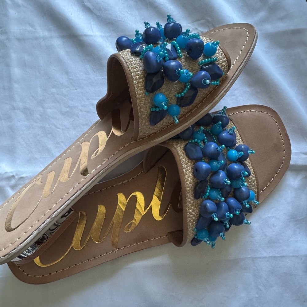 Elegant Beaded Sandals in Blue and Tan new leather